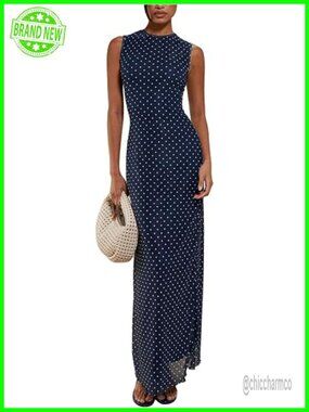Women's Sleeveless Mesh Maxi Tank Dress Polka Dots Summer Party Dress
